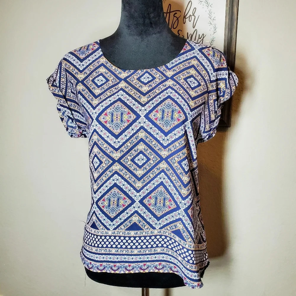 Pink Rose Paisley Floral Blue Bohemian Blouse Short Sleeve Women's Size Small